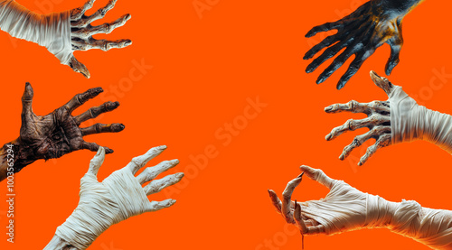 Scary hands of monsters on an orange background, created with Generative AI technology.