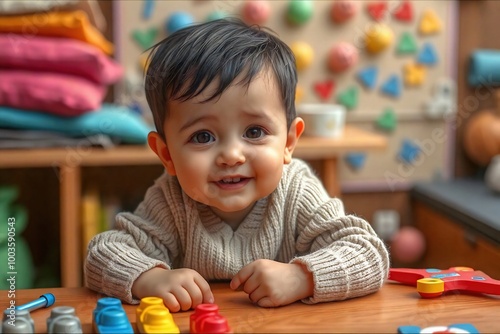 Bebé en guardería sonriente. Rasgos infantiles propios de su edad. Al fondo un área de juegos. 