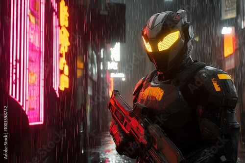 Futuristic Vision: A Cyberpunk Mercenary in a Neon-Lit Alley