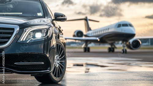 A luxury car parked near a private jet on an airport runway at sunset.