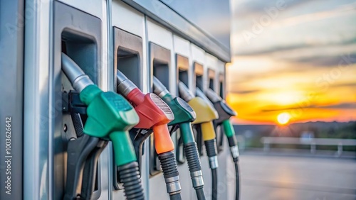 Multiple fuel pumps in various colors at a gas station, photographed during a beautiful sunset. Ideal for topics related to fuel, transportation, energy, and travel...