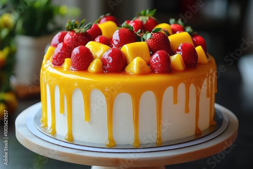 Delicious birthday cake decorated with strawberries and mango is standing on wooden cake stand