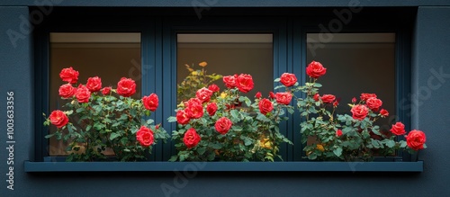 Red roses in a window box on a blue wall.