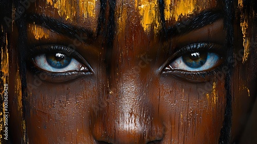 Intense Gaze: A Close-Up Portrait of a Woman with Golden Makeup