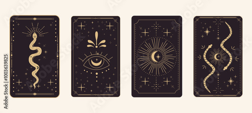 Tarot reverce border magic sacred frame gold line border celelstial mystery esoteric cover card decoration with snake stars and moon on dark background.