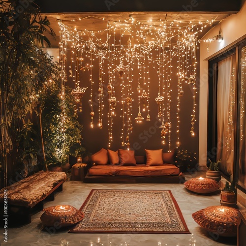 Surrealist Diwali decor with magical lighting