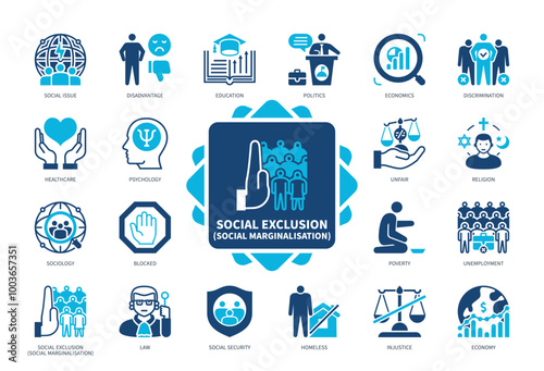 Social Exclusion icon set. Social Issue, Discrimination, Sociology, Poverty, Unfair, Homeless, Politics, Disadvantage. Duotone color solid icons