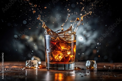 Whiskey with coke and ice in a glass splashing drops