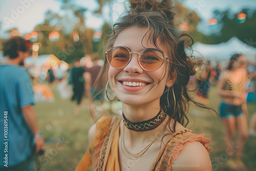 A beautiful young woman is having fun at a music festival, Generative AI