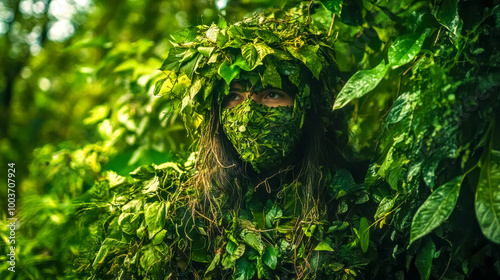 Soldier wearing camouflage uniform hiding in forest waiting to ambush enemy