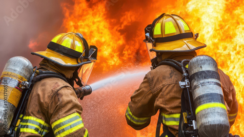 Firefighters spraying water into the heart of a fire, with intense flames and smoke erupting from the building