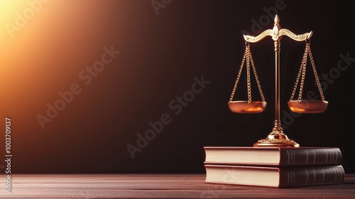 A golden balance scale atop law books, symbolizing justice and the legal system, illuminated by soft light against a dark background.