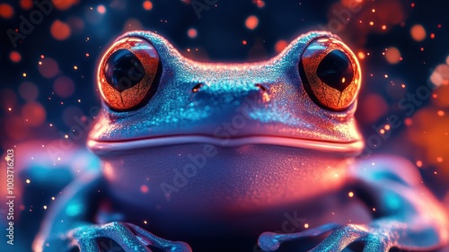 A frog in Synthwave style, featuring neon colors and a retro-futuristic atmosphere with a dynamic, vibrant backdrop.