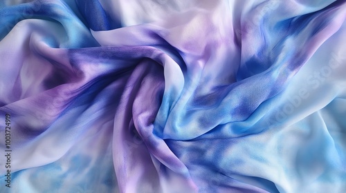 A handdyed tiedye fabric with bold abstract shapes and vibrant hues of blue and purple