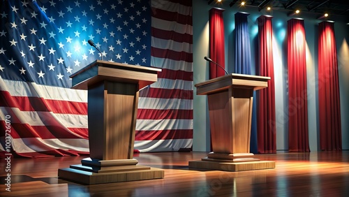 Two empty podiums stand on a dimly lit stage, set against a backdrop of the national flag, evoking a sense of intense political discussion and debate.