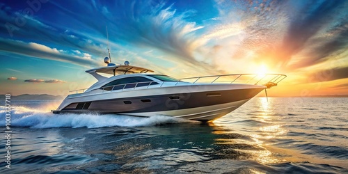 Luxury speed boat cruising on the ocean Yacht on the sea Low Angle