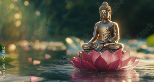 golden buddha statue sitting on a pink lotus with nature background