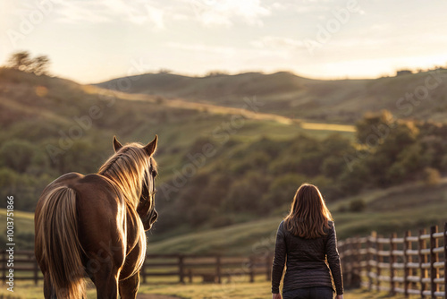 An equine therapy session with a therapist or client walking alongside a calm horse.