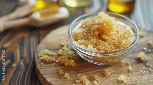 Close up of homemade lip scrub made out of brown sugar honey and olive oil in glass bowl on wooden chopping board Natural beauty product