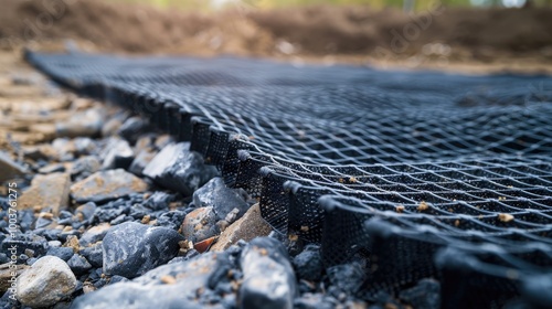 Plastic geogrid for strengthening soil and slopes Material laid in places of landslide zones selective focus