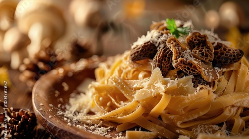 Wild Morel Mushrooms Homemade Pasta with Parmesan Cheese