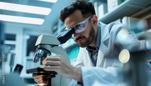 Handsome male scientist in a white lab coat looking at the camera and smiling while working with a microscope. Technician worker. Blood work or health service