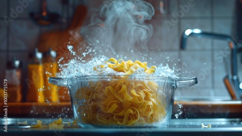 Cooking fettuccine pasta into boiling water in a transparent glass saucepan