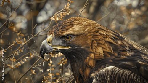 A close up of a golden eagle Aquila chrysaetos picking branches