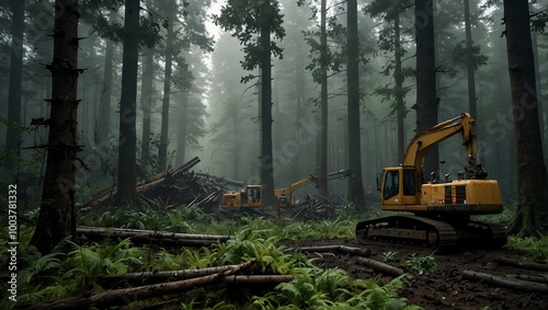 A tranquil forest scene disrupted by heavy machinery, showcasing the tension between nature and industrial development.