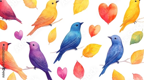 Cartoon birds in rainbow hues chirp among heart-shaped leaves, creating a dynamic and joyful pattern on a white background, full of energy