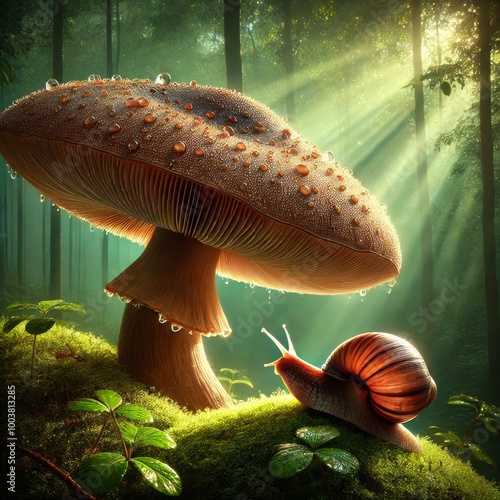 Snail and Mushroom in the Forest