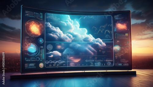 Futuristic digital display with cloud data and weather patterns.