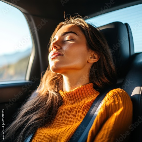 A young woman resting peacefully in a car, enjoying a serene moment with sunlight filtering through the window.