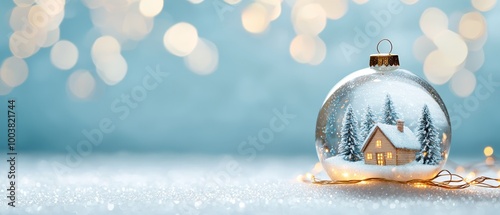  A glass ornament featuring a miniature house inside, situated on a snow-covered surface Background adorned with twinkling Christmas lights