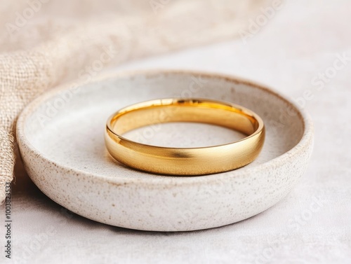 Elegant gold ring resting on a textured plate, symbolizing love and commitment, perfect for jewelry and wedding themes.