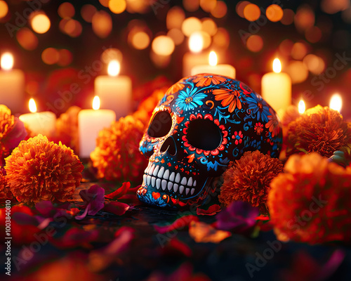 Colorful sugar skull surrounded by candles and marigold flowers.