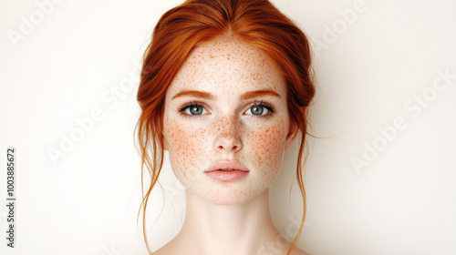 A young woman with striking red hair and freckles poses against a plain background