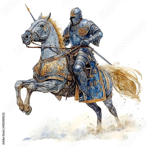 Medieval Knight on Horseback in Watercolor Illustration.