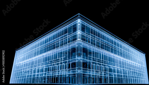 X-ray image of a separate modern building on a black background and in front, 3d rendering