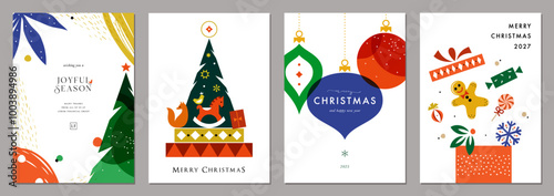 Modern bold and bright Christmas cards. Christmas tree, gift box, Christmas ornaments. For graphic and web design, social media banner.