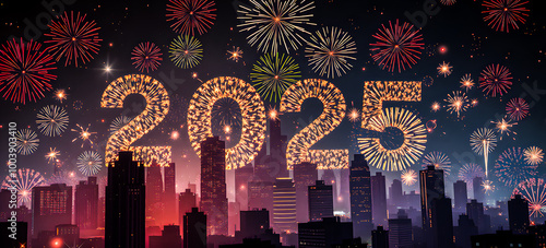 Happy New Year 2025. New Year's Eve Party background banner greeting card illustration with text. Golden fireworks in the night sky, cityscape buildings. 2025 neon glowing text. AI generated