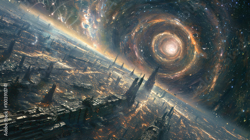 A futuristic cityscape with towering structures and advanced technology, set against a dark, vast cosmos with a spaceship flying through a swirling wormhole