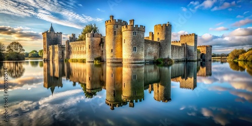 Low angle view medieval castle reflection water