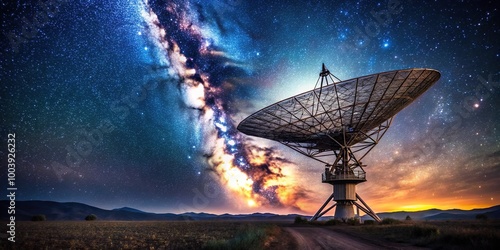 Low angle view of radio telescope antenna with night sky background