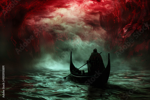 Charon Crossing the River Styx transporting souls across the underworld's boundary, an essential element in Greek myth and afterlife lore