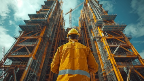 Construction Worker Overlooking Large-Scale Industrial Building Project Under Blue Sky