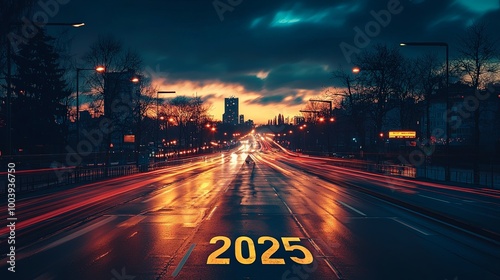 A bustling city street extends into the horizon under a dramatic orange and blue dusk sky, showcasing the bright '2025' text painted boldly on the wet road.