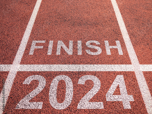 Finish 2024. Inscription on treadmill. End of 2024 season. Finish line for motivation to achieve. New year banner for advertising. Finish line in 2024. Metaphor for christmas approaching.