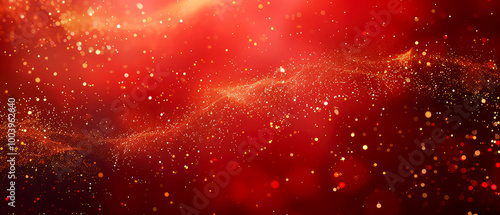 Red Christmas abstract background. Glowing background with golden dust, sparkles, shimmer, particles. New year mockup for celebrating. Generative ai