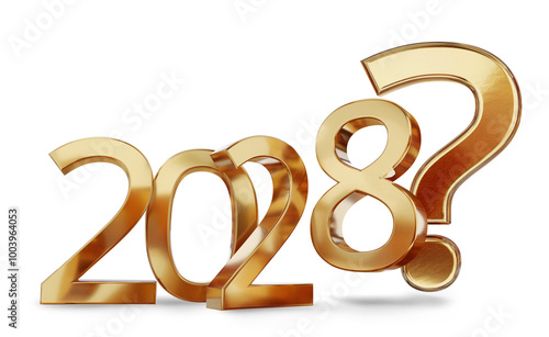 year 2028 and question mark, golden symbol, 3d-illustration 